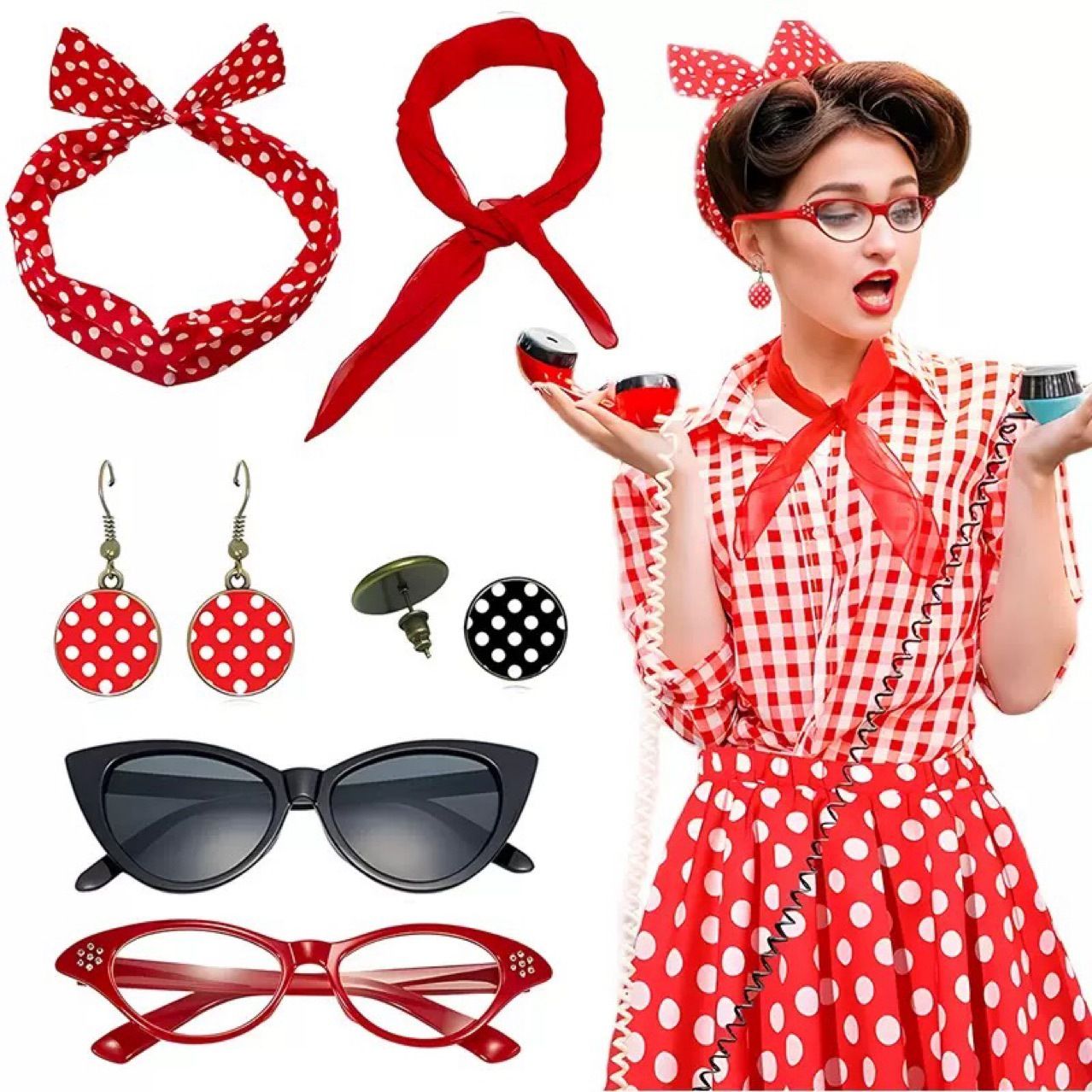 Red 6 Piece Vintage Polka Dot Party Kit Accessories Set - 1950s Retro Costume view 2