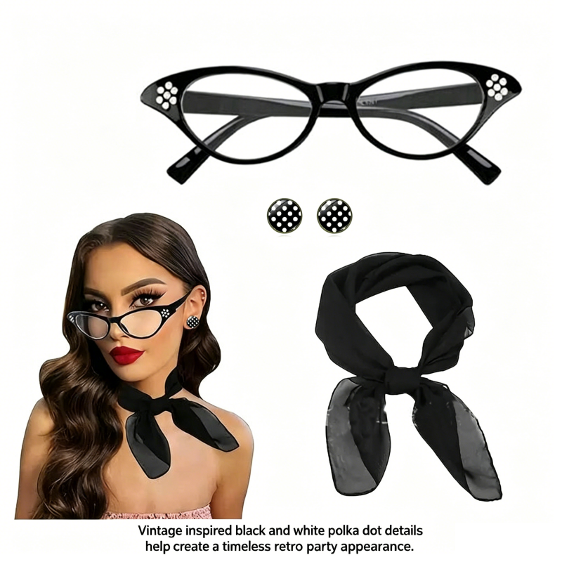 Red 6 Piece Vintage Polka Dot Party Kit Accessories Set - 1950s Retro Costume view 5