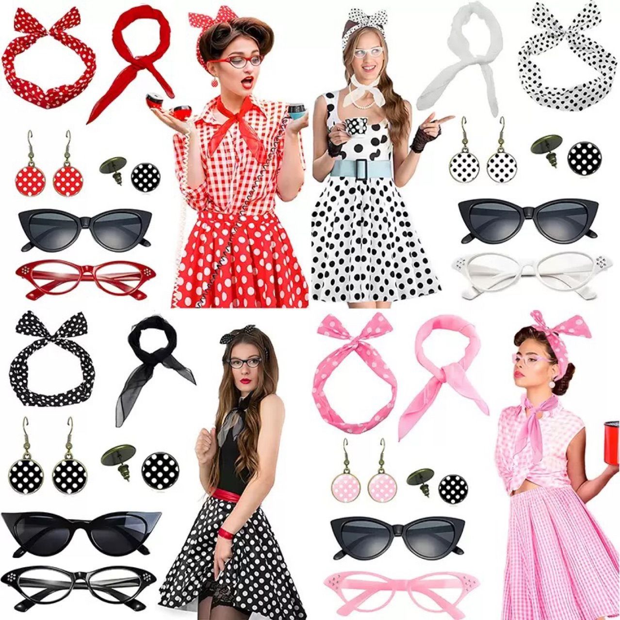 Red 6 Piece Vintage Polka Dot Party Kit Accessories Set - 1950s Retro Costume view 6
