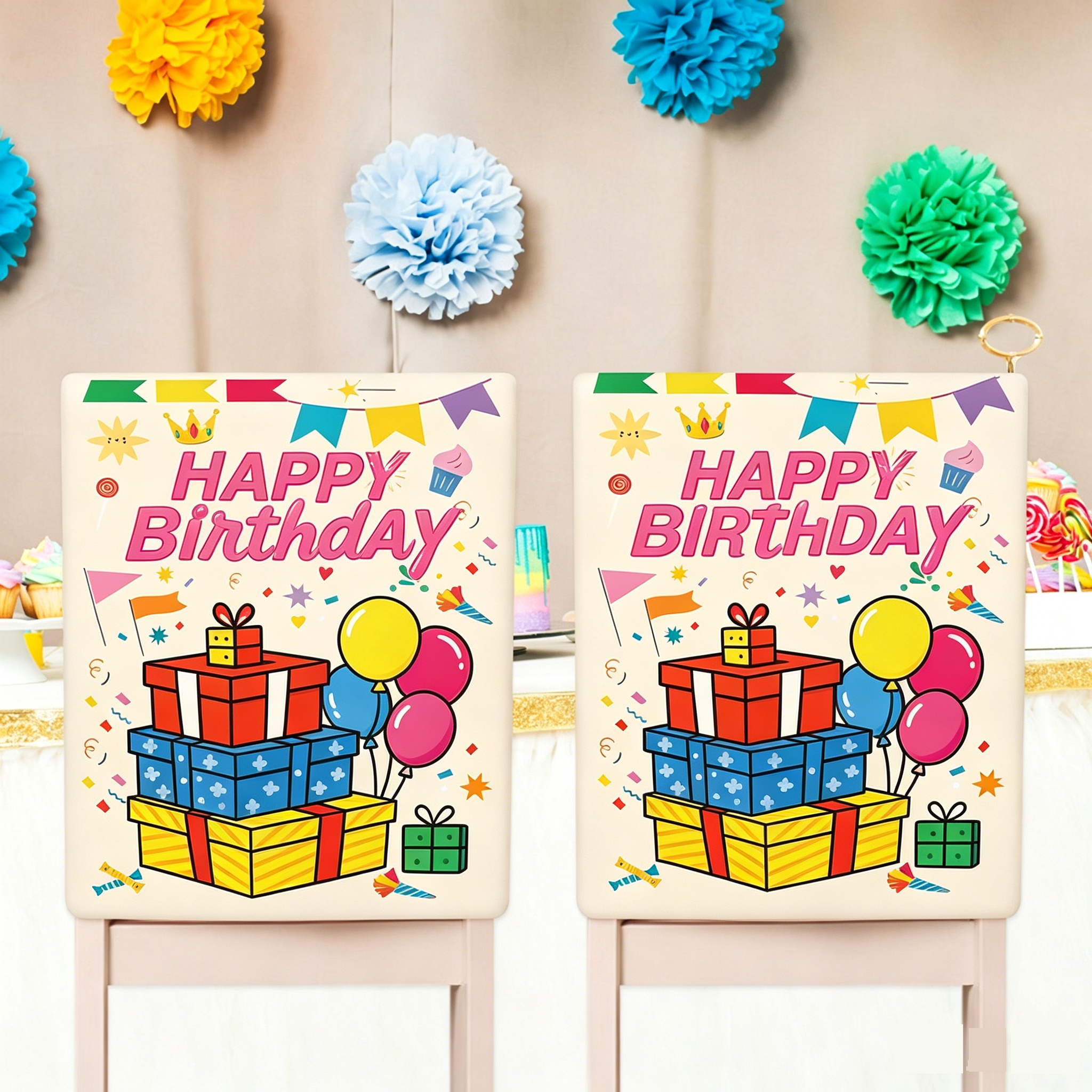 2 pcs Cartoon half chair covers birthday（Happy birthday*2） - Stretch Dining view 8