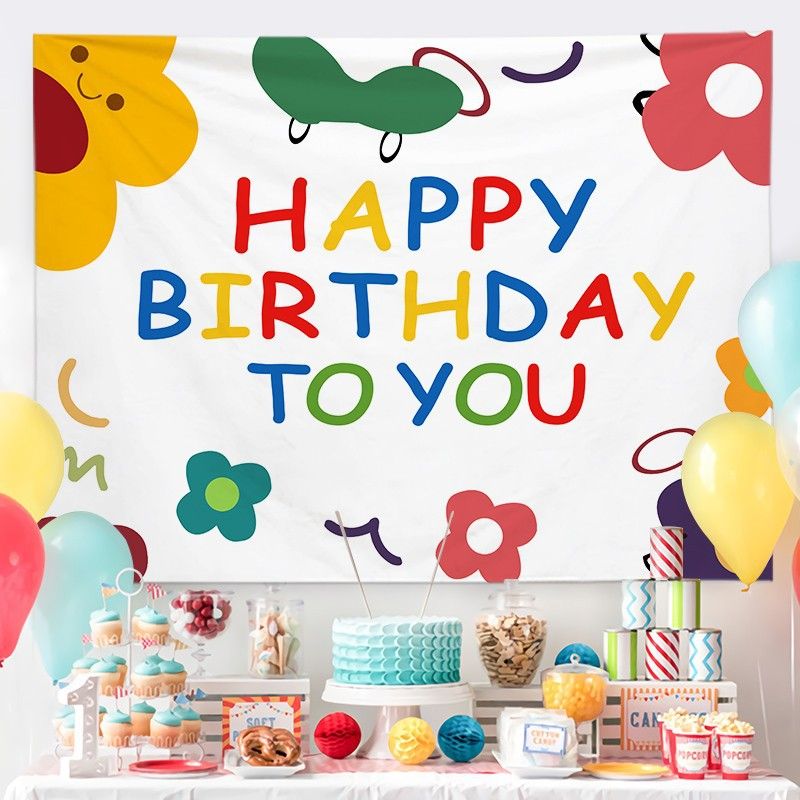 Cartoon Birthday Wall Tapestry Banner（Floral Style） - Colourful Happy Birthday