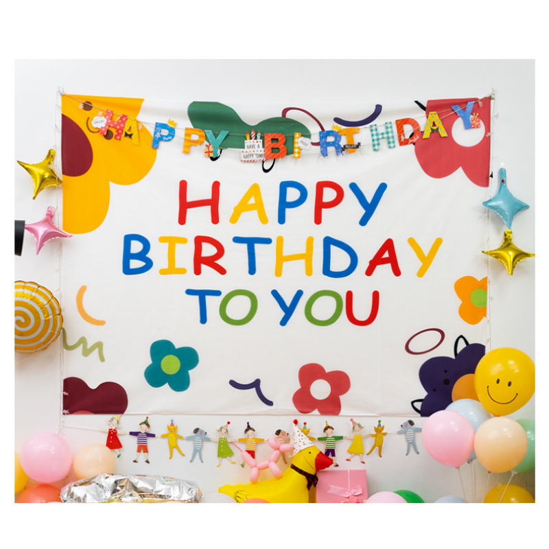 Cartoon Birthday Wall Tapestry Banner（Floral Style） - Colourful Happy Birthday view 2