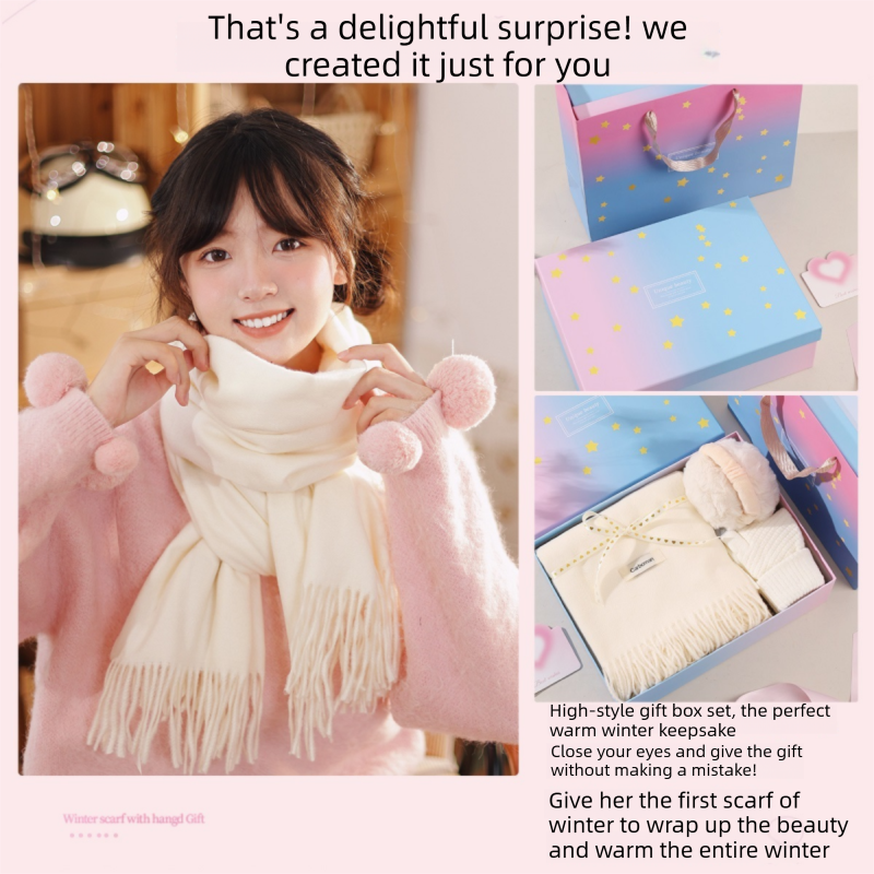 Pink and White Winter Scarf Gift Box Set for Women （Earmuffs view 2