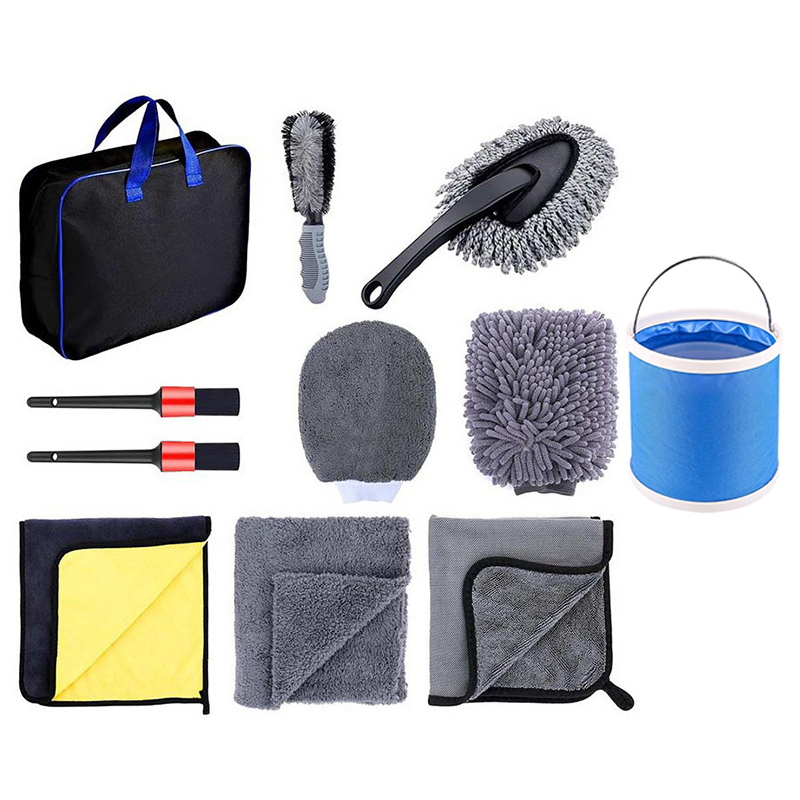 11-Piece Car Wash and Detailing Kit - 9L Blue Collapsible Oxford Fabric Bucket