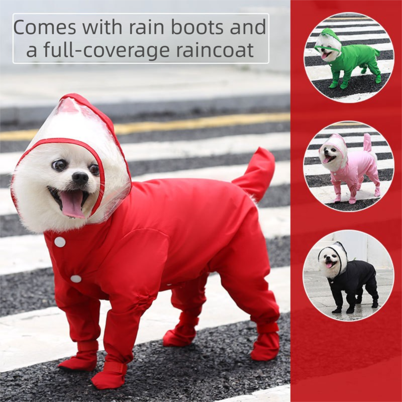Red L size Full Coverage Pet Raincoat Jumpsuit Waterproof Dog Rain Suit with view 2