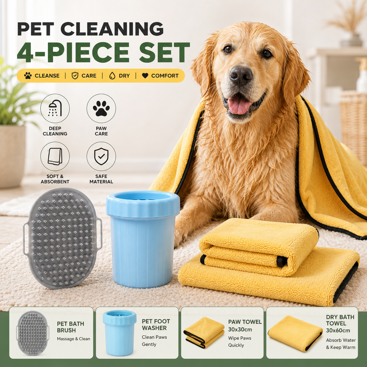 4-Piece Pet Cleaning Kit -Pet Grooming and Paw Cleaning Set with big Blue Dog