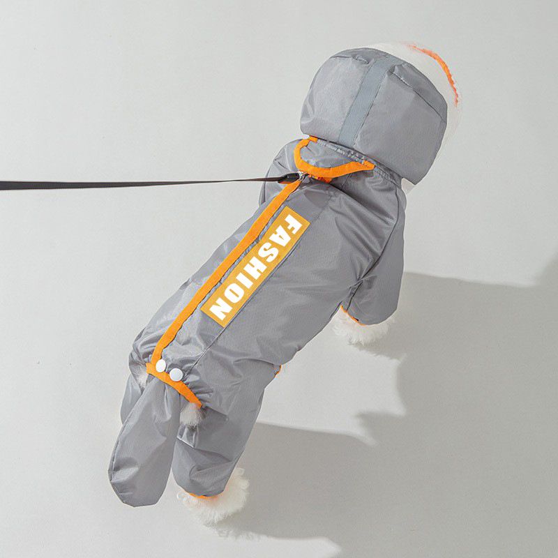 Grey and Orange XS size Dog Raincoat with Leash Access and Transparent Hood — image 1