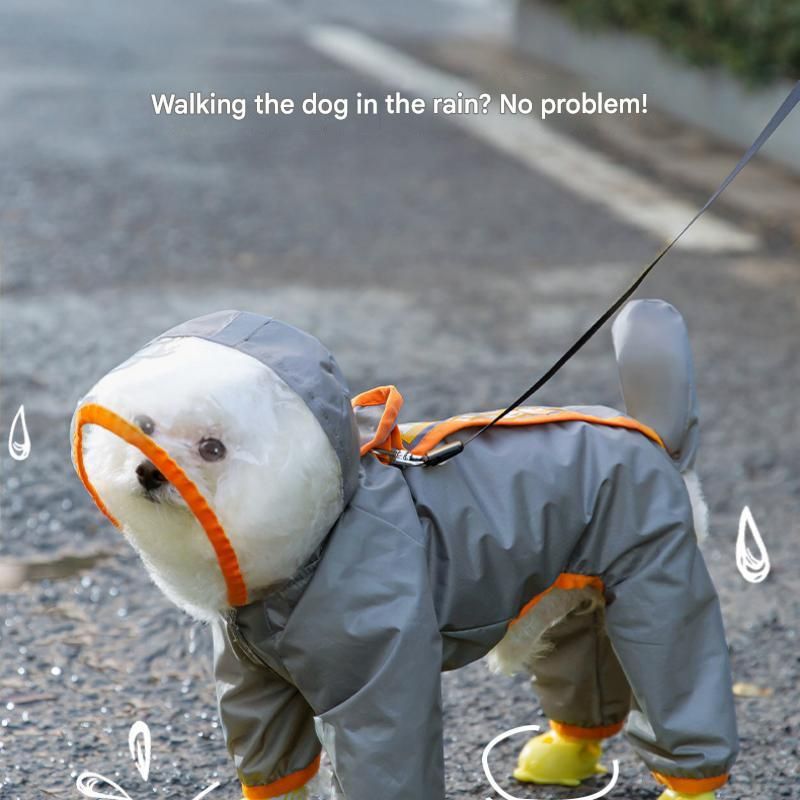 Grey and Orange L size Dog Raincoat with Leash Access and Transparent Hood view 2