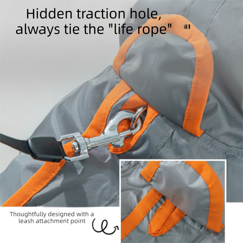 Grey and Orange XL size Dog Raincoat with Leash Access and Transparent Hood view 6