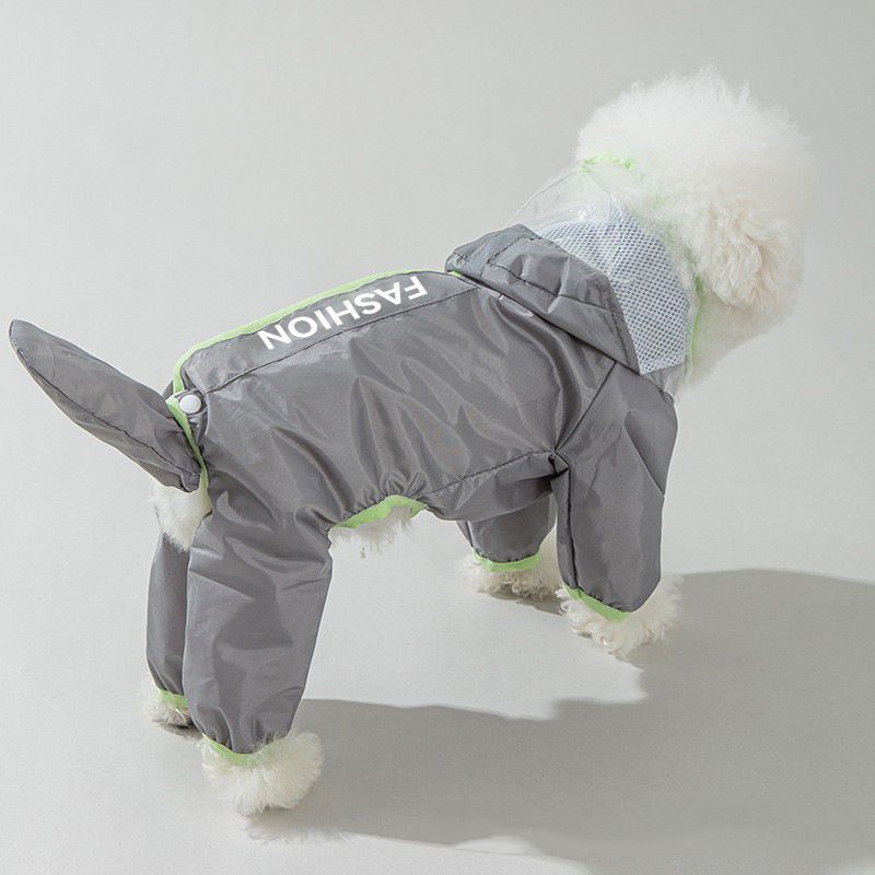 Grey and Green M size Dog Raincoat with Leash Access and Transparent Hood — image 1