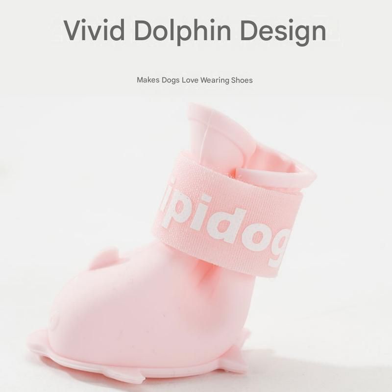 Blue S size Waterproof Dog Rain Boots Set of 4 - Cartoon Dolphin Design Shape view 2