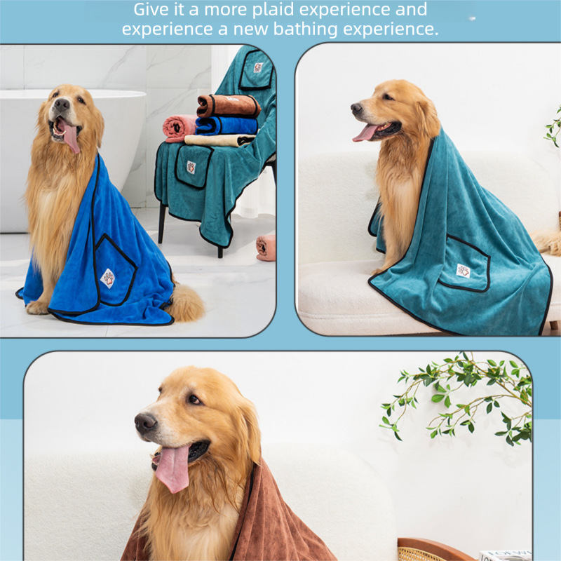 Blue-green 100*50cm icrofibre Pet Bath Towel with Hand Pockets - Super view 7