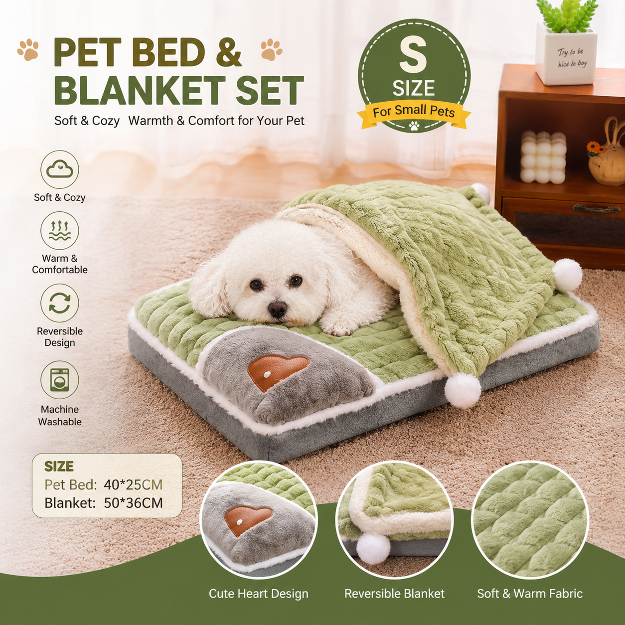 2-piece S size Green Pet Winter Comfort Bundle – 50*36cm Plush Pet Blanket and