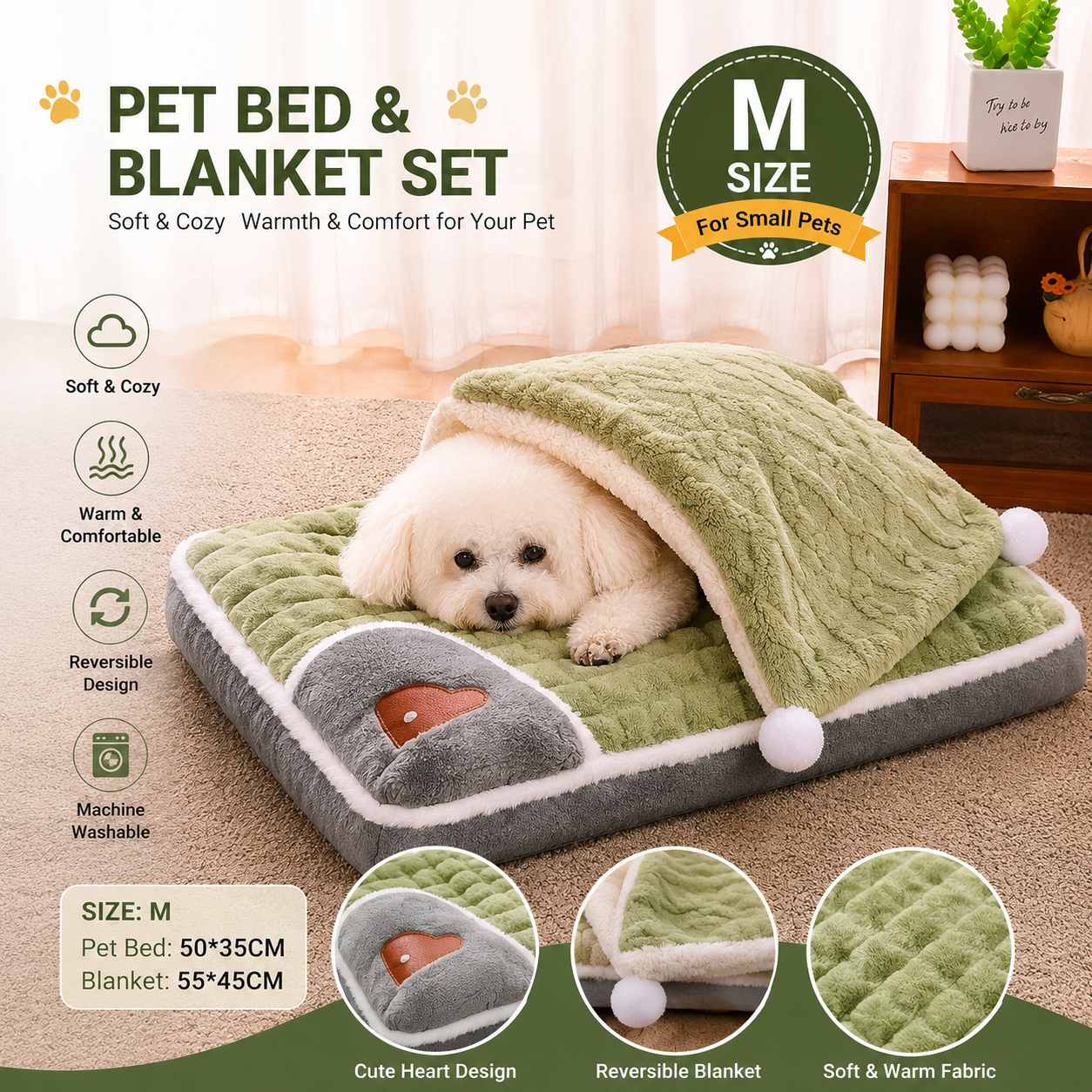 2-piece M size Green Pet Winter Comfort Bundle – 55*45cm Plush Pet Blanket and