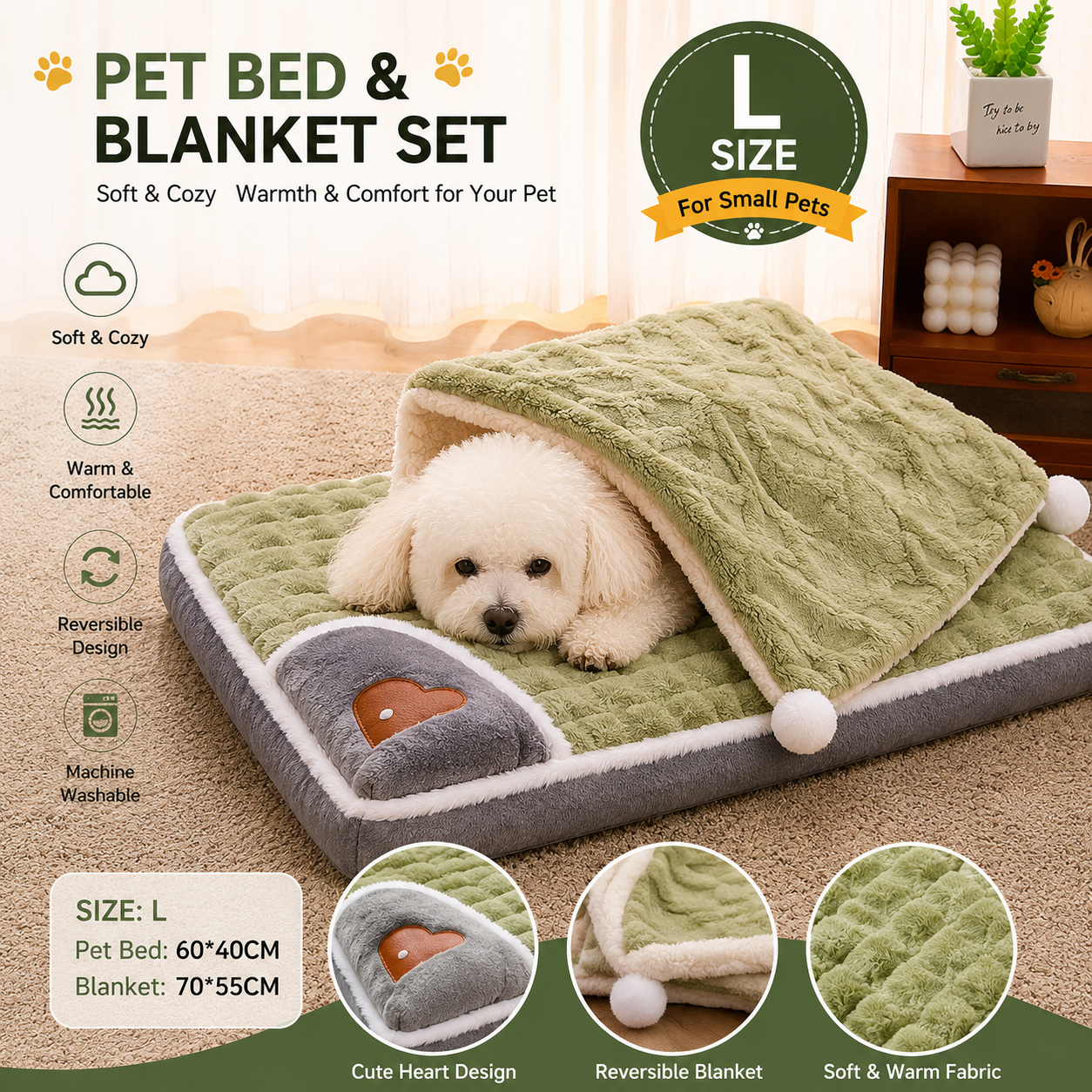 2-piece L size Green Pet Winter Comfort Bundle – 70*55cm Plush Pet Blanket and