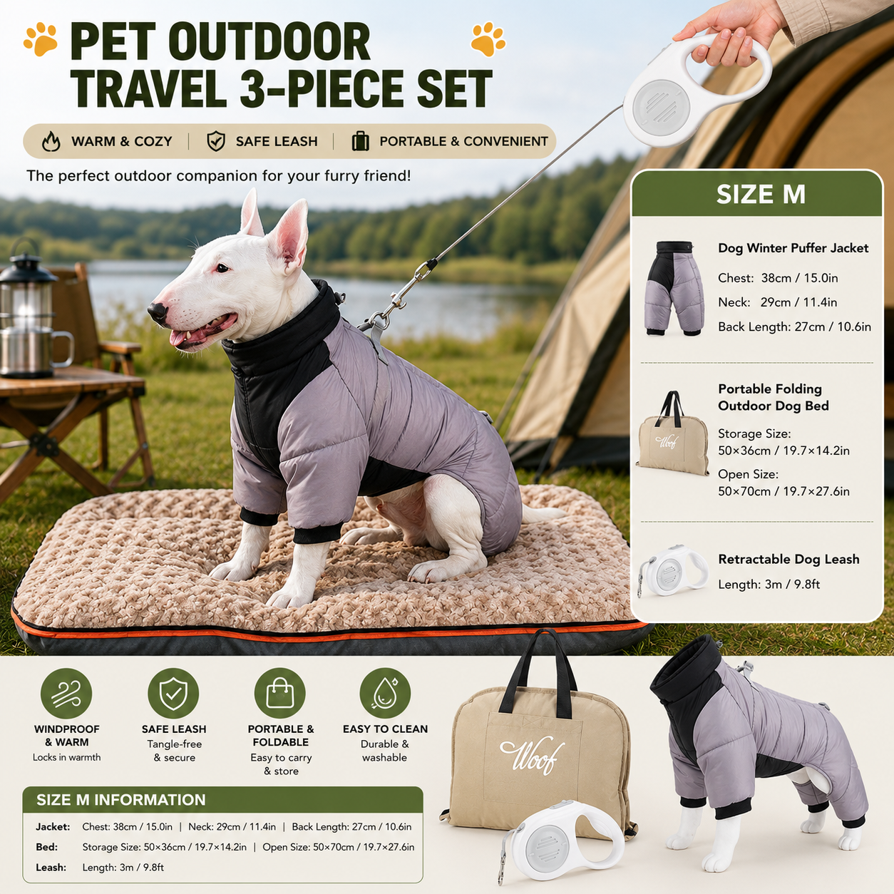 3-Piece Grey Winter Pet Outdoor Travel Set – grey m size Reflective Dog Puffer — image 1