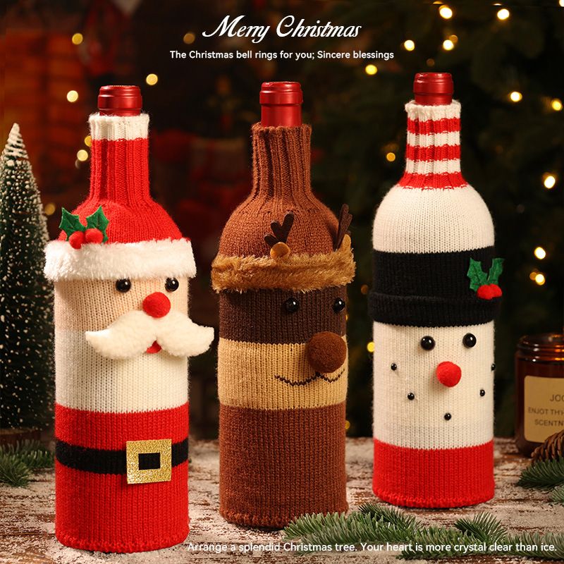Santa Claus Style Knitted Christmas Wine Bottle Cover - Festive Table Decor view 2