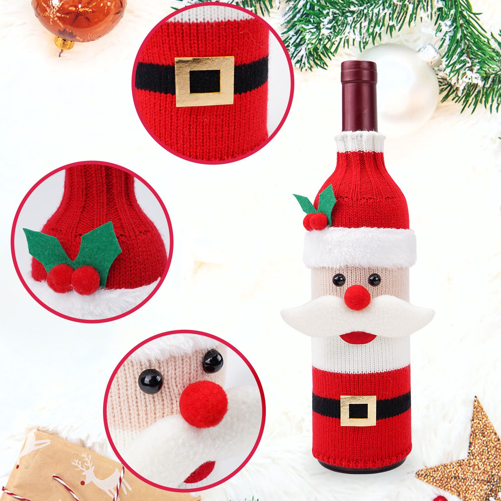 Santa Claus Style Knitted Christmas Wine Bottle Cover - Festive Table Decor view 6