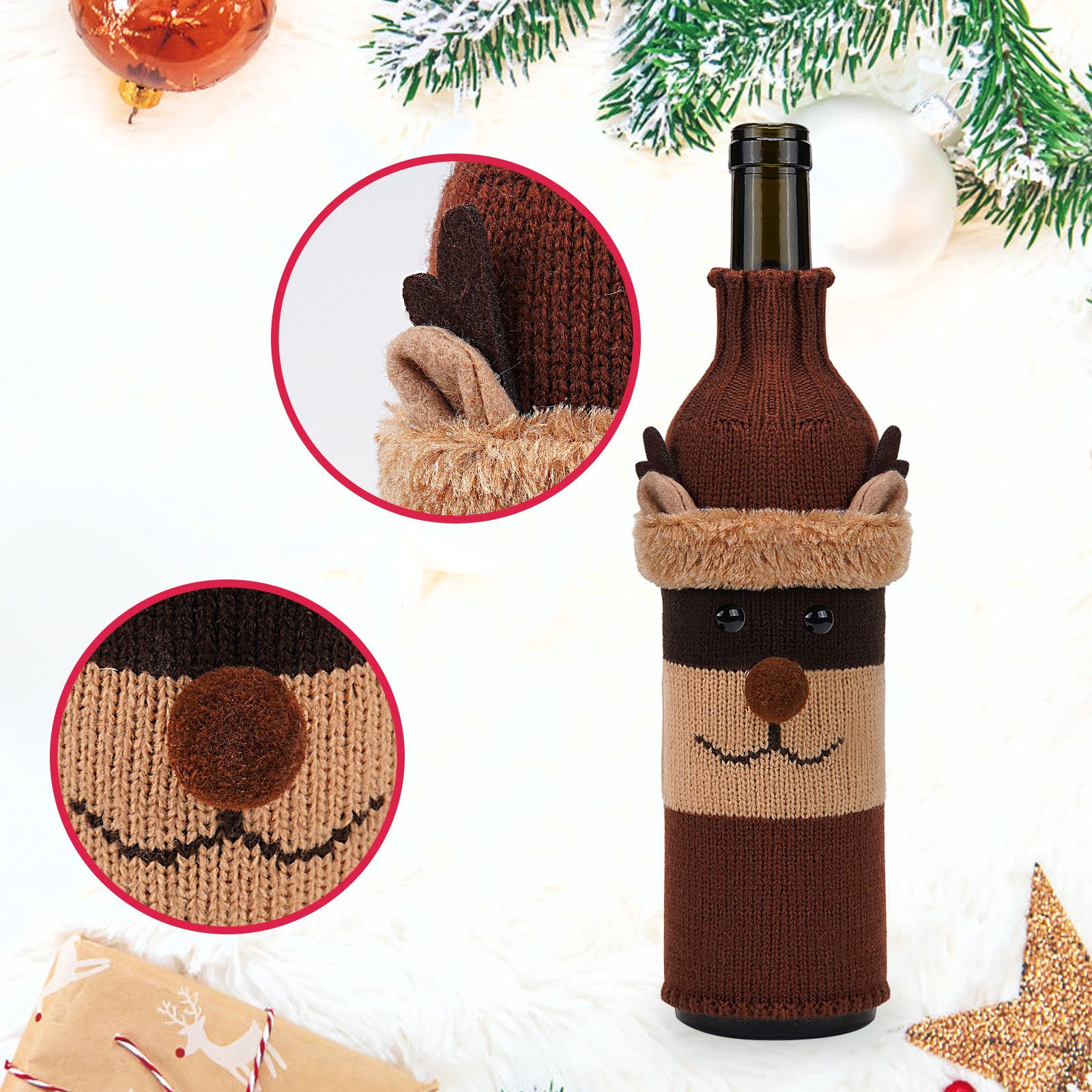 Reindeer Style Knitted Christmas Wine Bottle Cover - Festive Table Decor for view 6