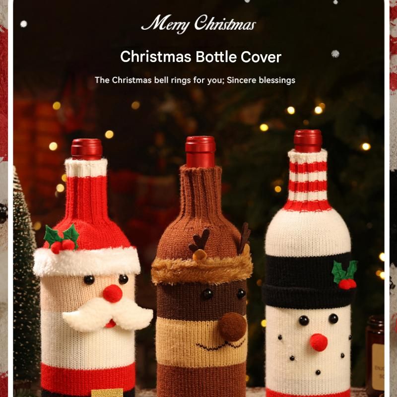 Snowman Designs Style Knitted Christmas Wine Bottle Cover - Festive Table view 4