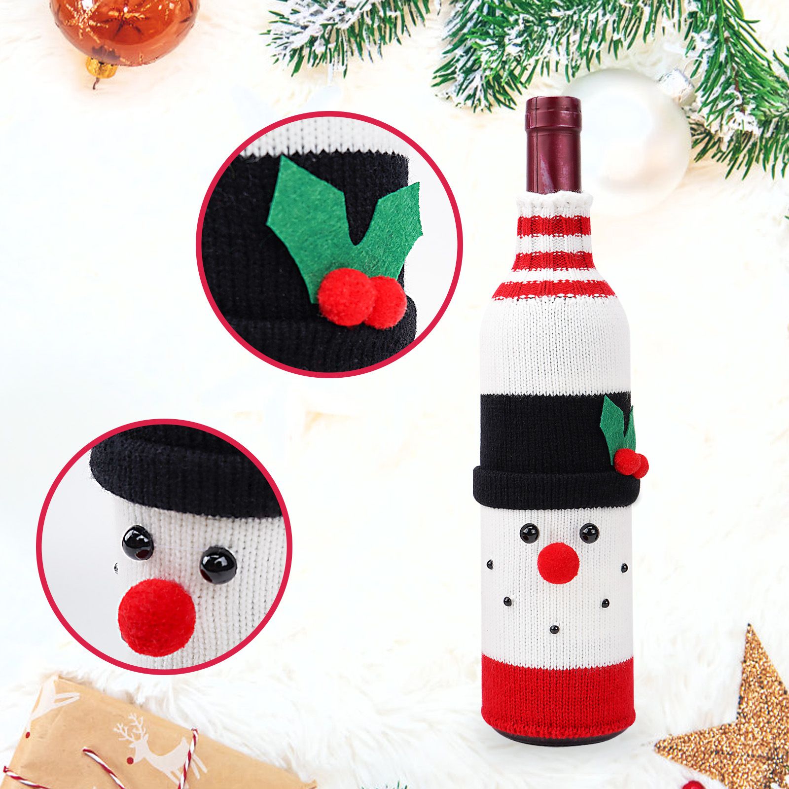 Snowman Designs Style Knitted Christmas Wine Bottle Cover - Festive Table view 6