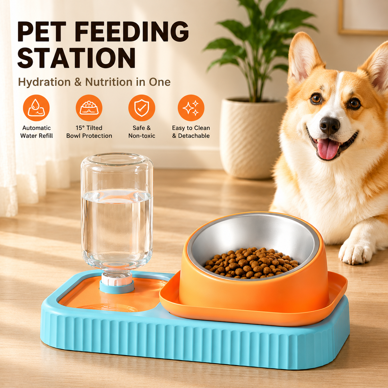 Blue and Orange Cat & Dog Feeding Station with Water Dispenser – Elevated