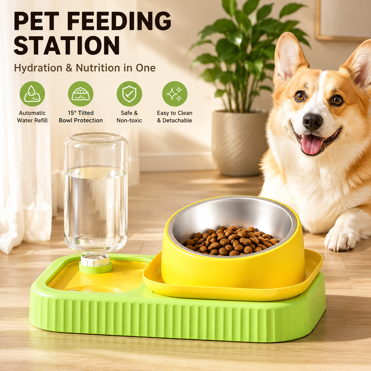 Yellow and Green Cat & Dog Feeding Station with Water Dispenser – Elevated