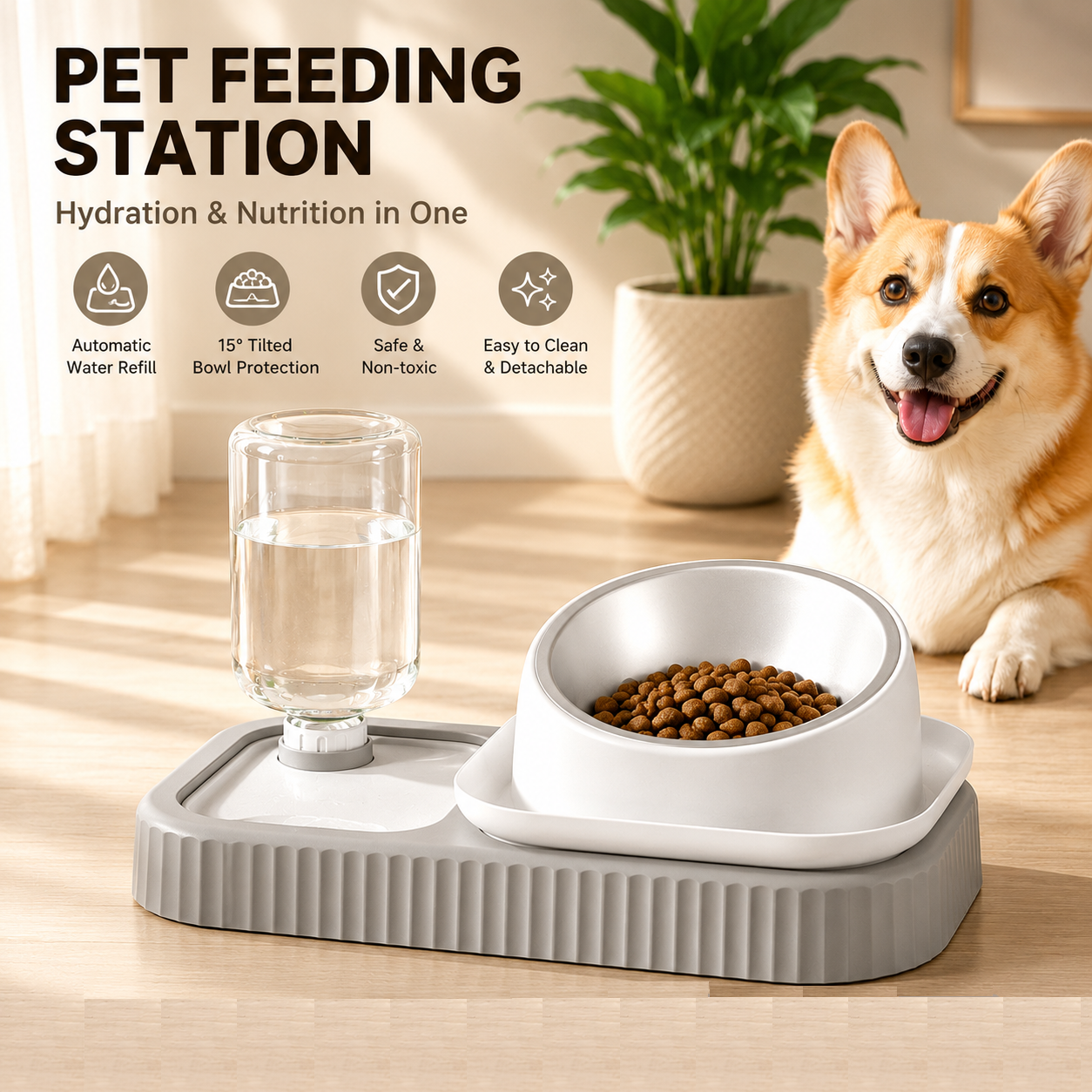 Grey and White Cat & Dog Feeding Station with Water Dispenser – Elevated