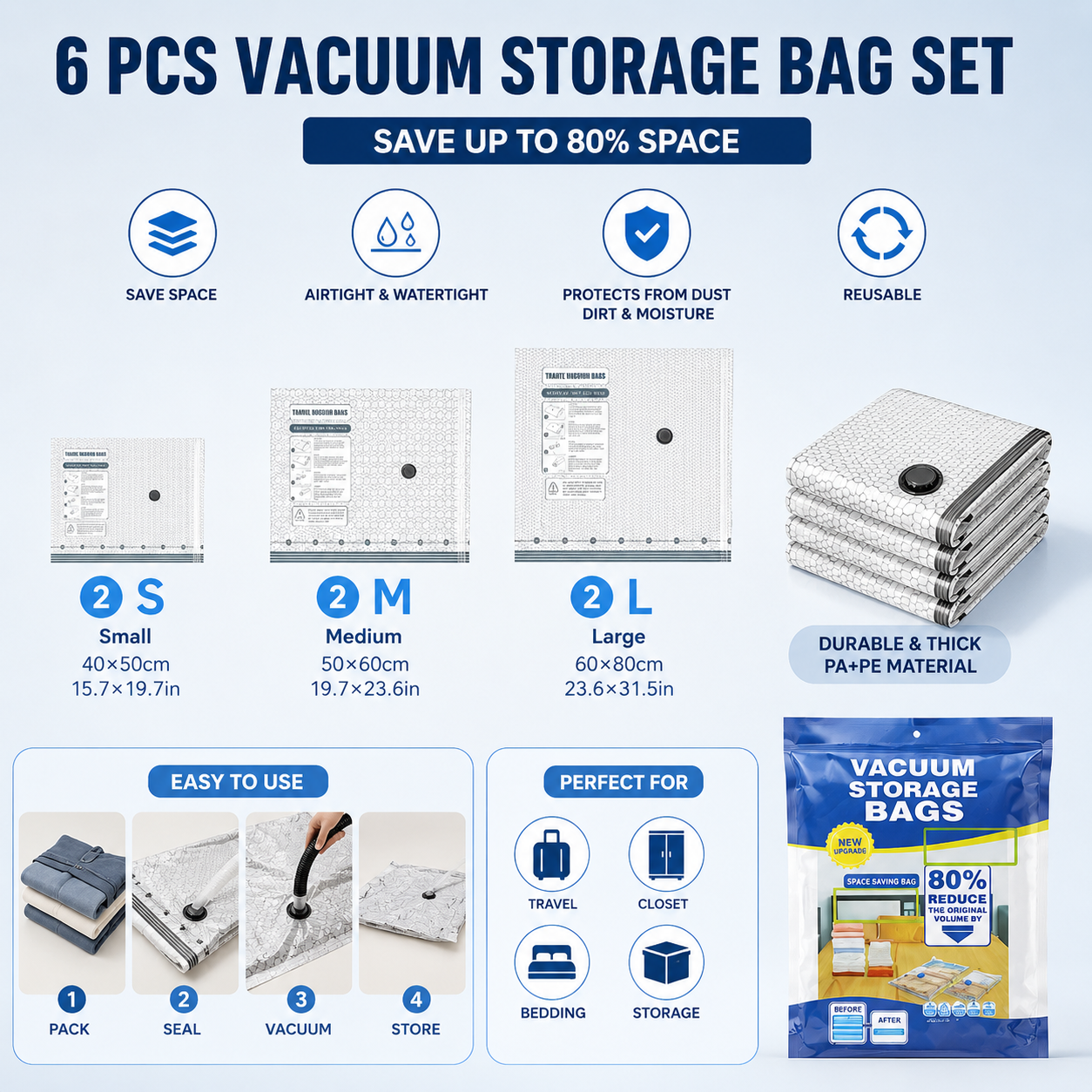 6-piece Travel Vacuum Storage Bags Set for Clothes and Bedding