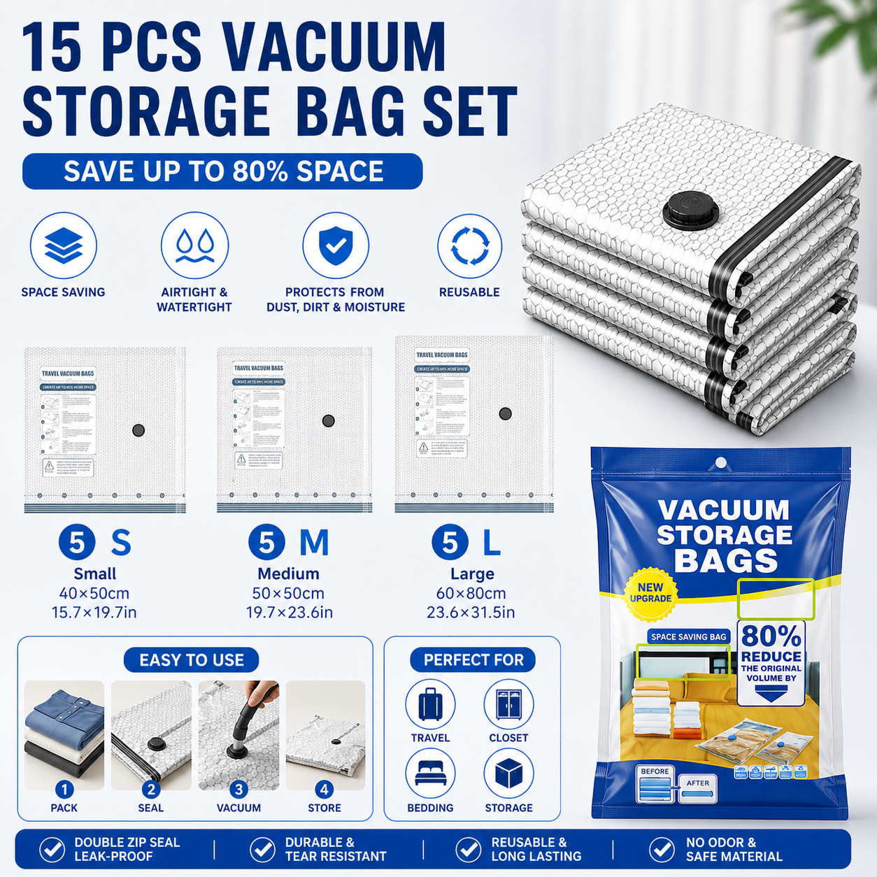 15-piece Travel Vacuum Storage Bags Set for Clothes and Bedding