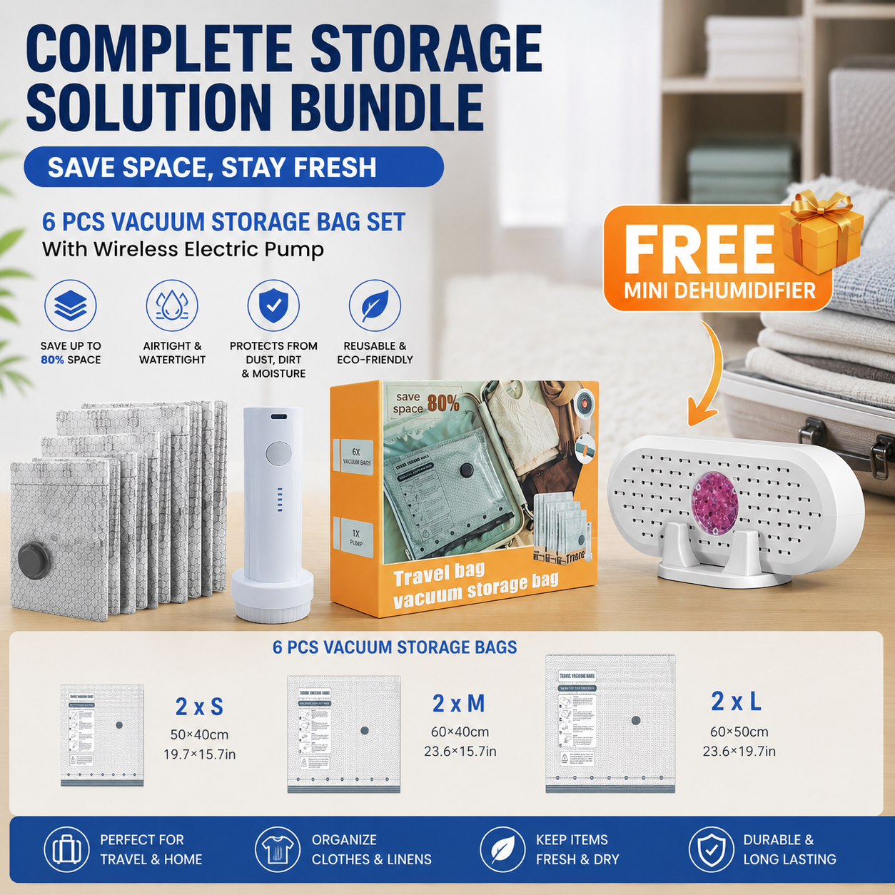6 Pack Vacuum Storage Bags and Wireless Electric Pump and Renewable Mini