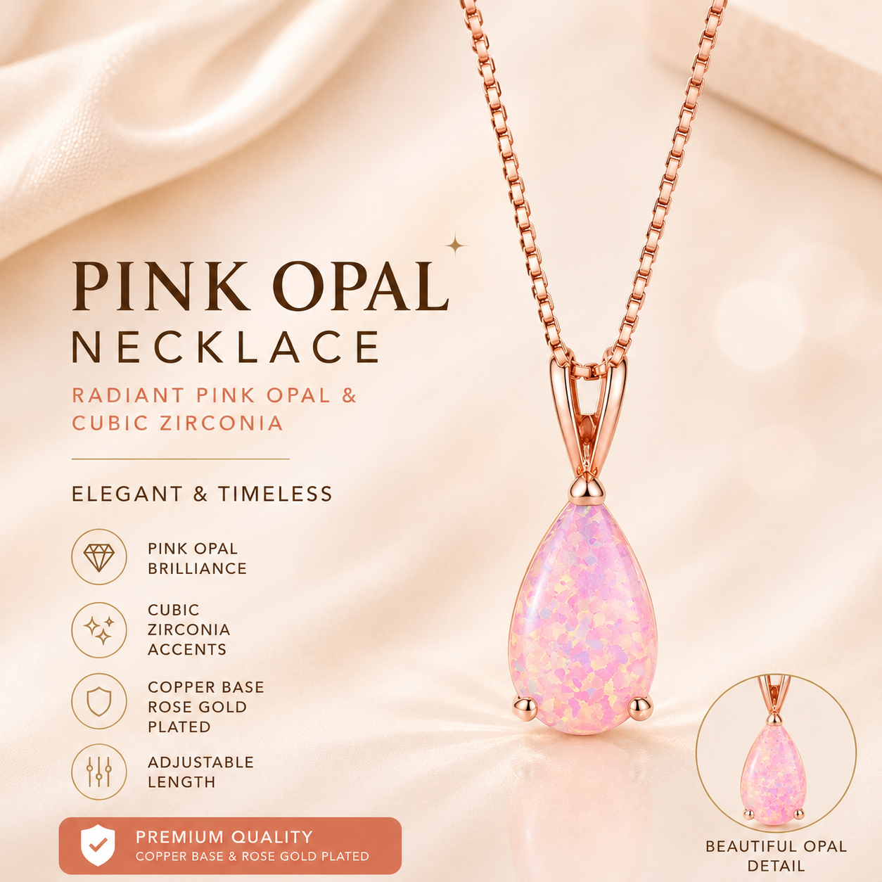 Pink Opal Teardrop Rose gold-plated chain Pendant Necklace for Women