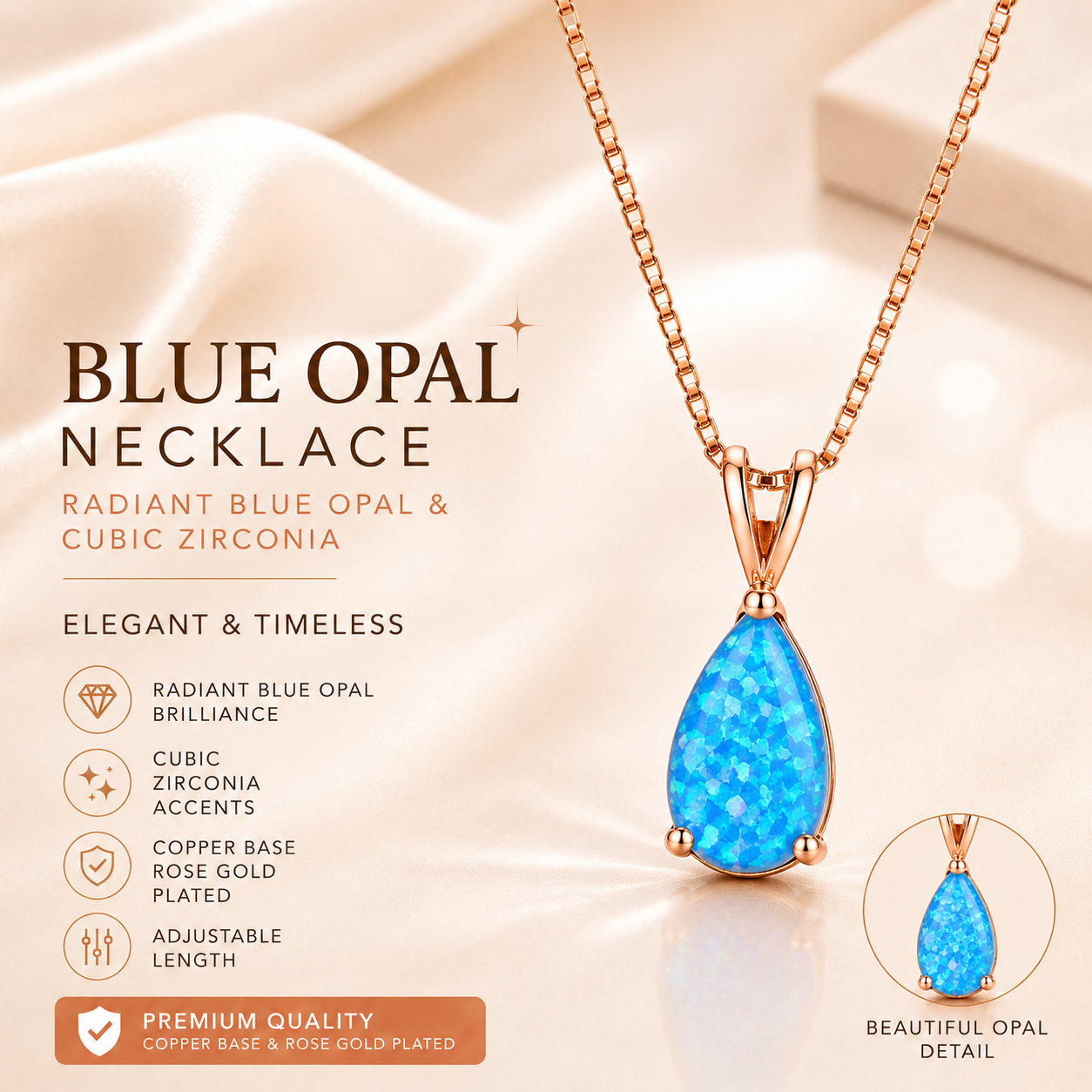 Blue Opal Teardrop Rose gold-plated chain Pendant Necklace for Women