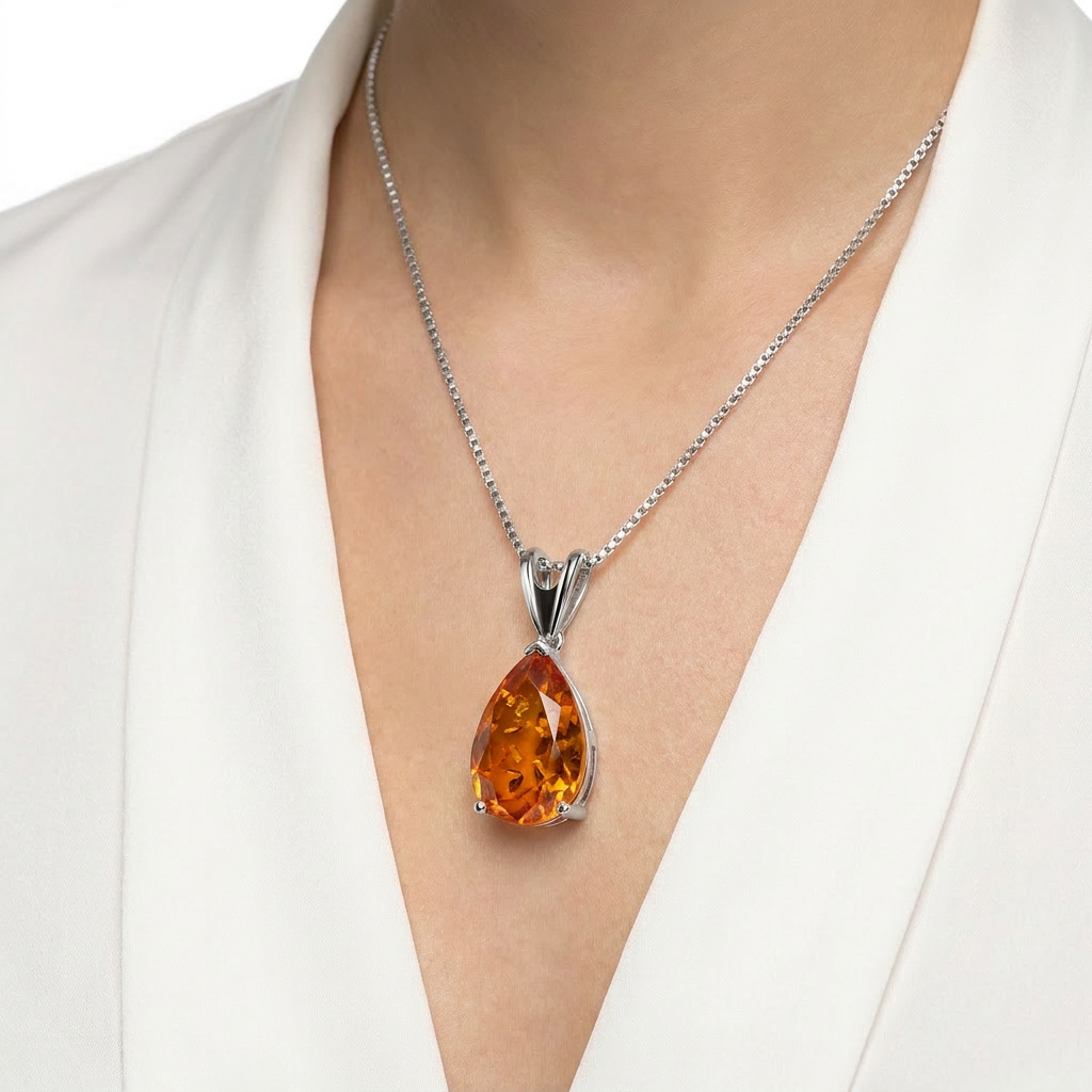 Orange Opal Teardrop Platinum-plated chain Pendant Necklace for Women view 5