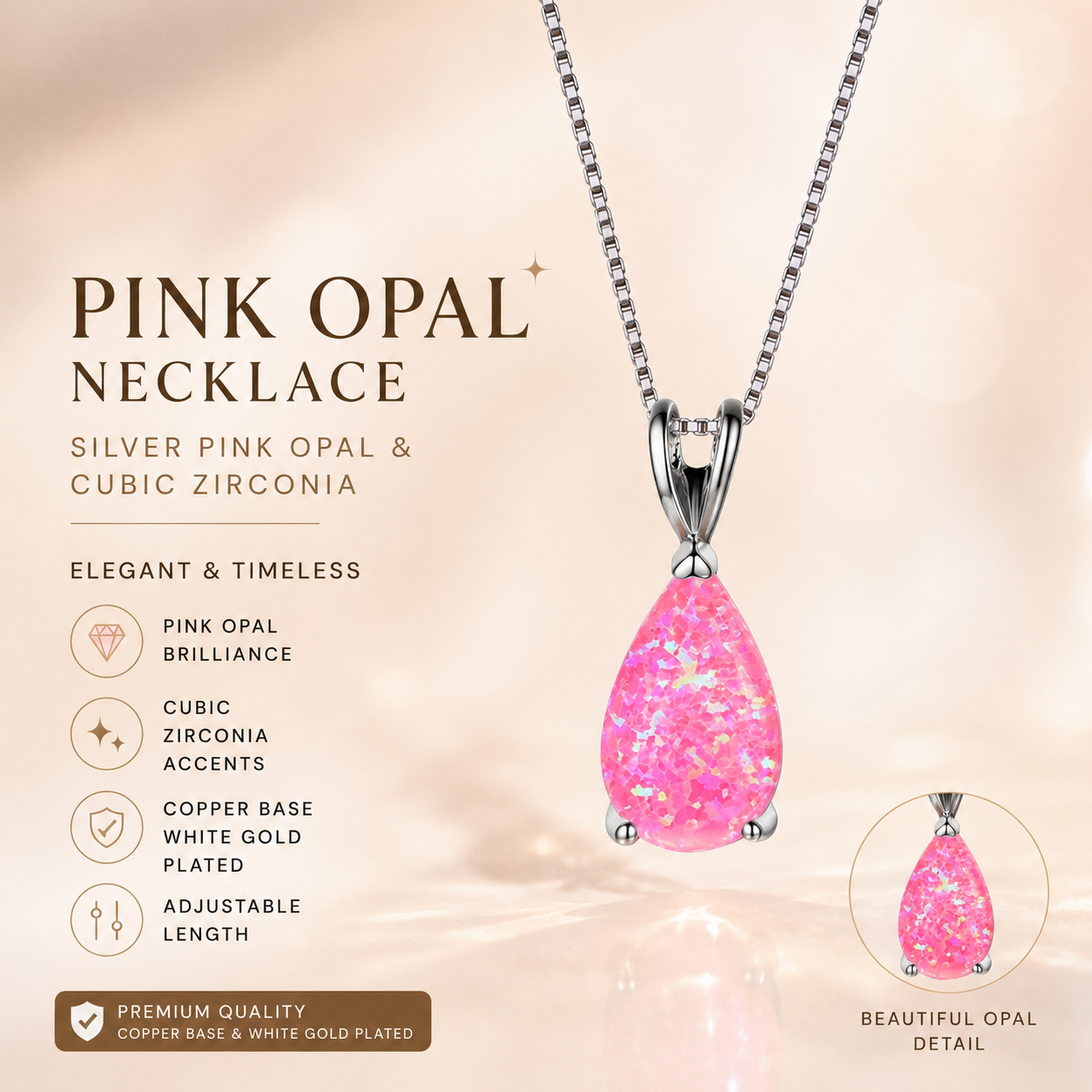 Pink Opal Teardrop Platinum-plated chain Pendant Necklace for Women