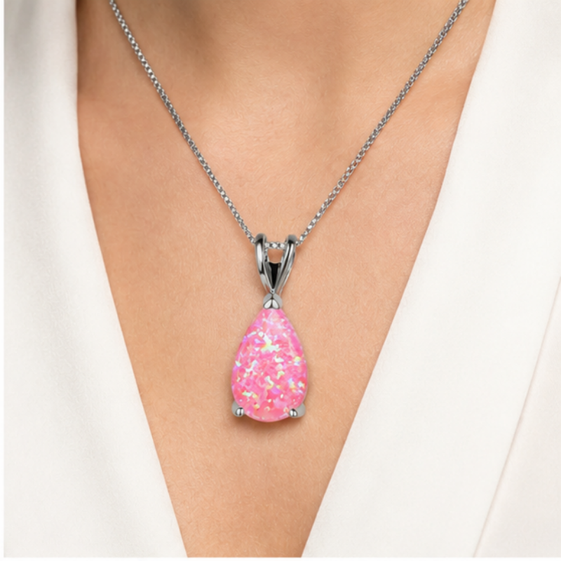 Pink Opal Teardrop Platinum-plated chain Pendant Necklace for Women view 3