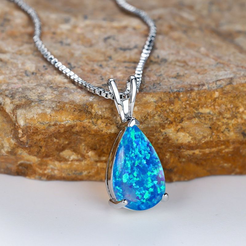 Blue Opal Teardrop Platinum-plated chain Pendant Necklace for Women view 6