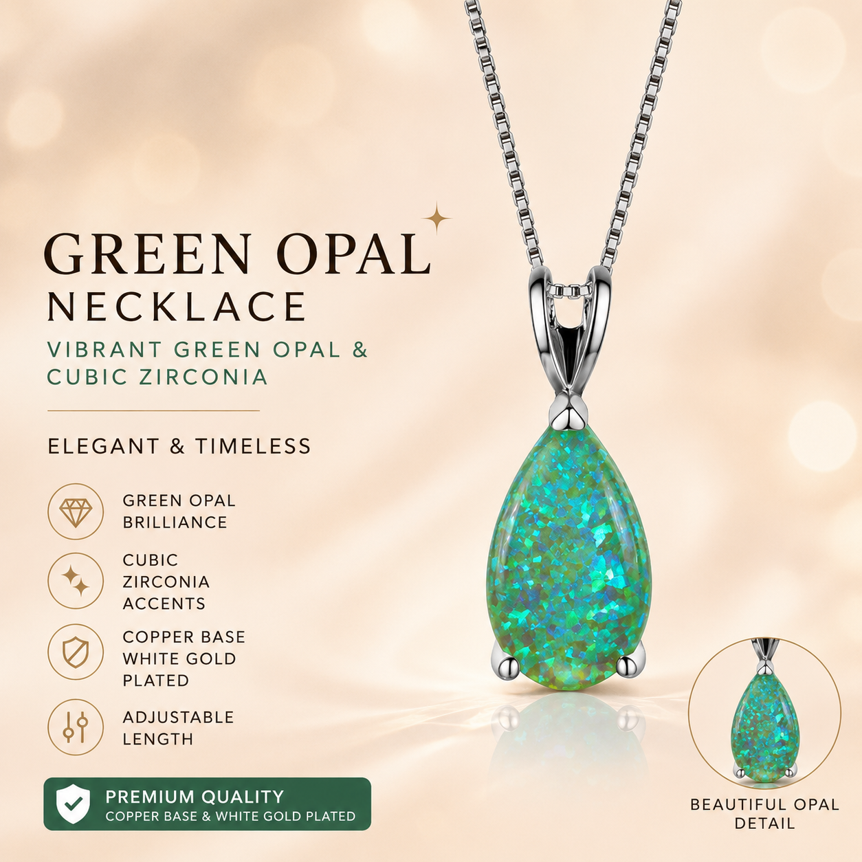 Green Opal Teardrop Platinum-plated chain Pendant Necklace for Women