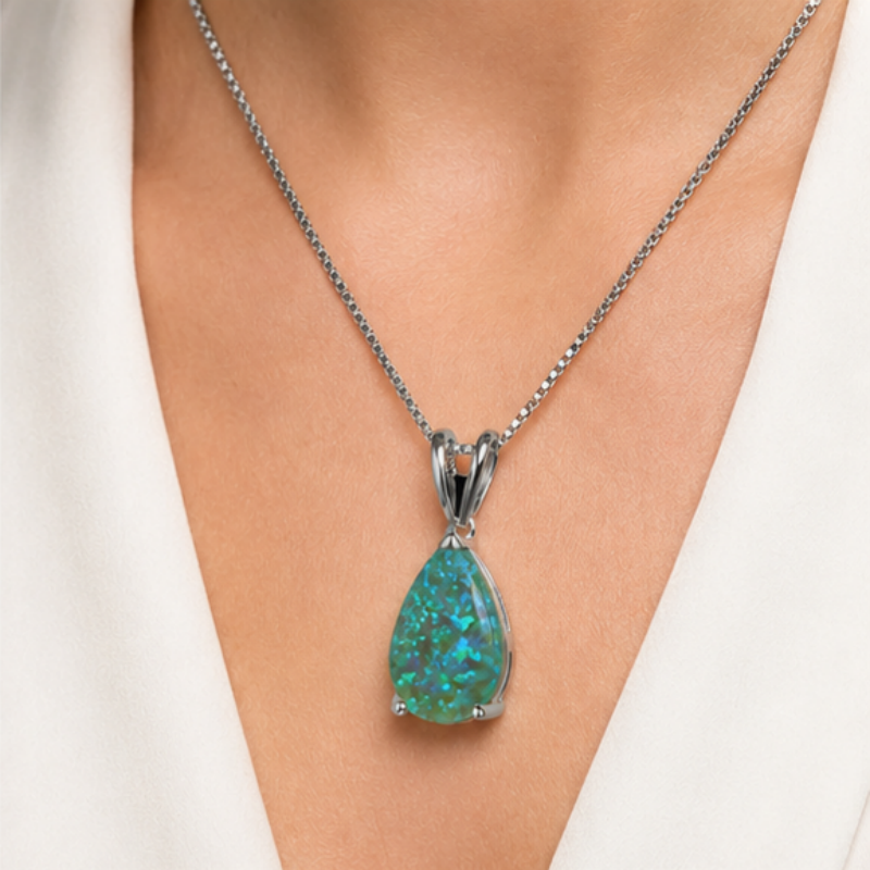 Green Opal Teardrop Platinum-plated chain Pendant Necklace for Women view 3