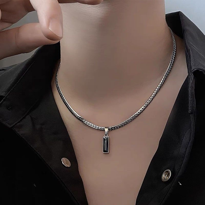 Black Zircon Bar Pendant Necklace 45cm+5cm for Men view 2