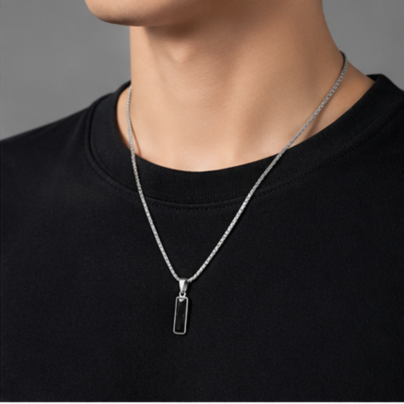 Black Zircon Bar Pendant Necklace 45cm+5cm for Men view 5