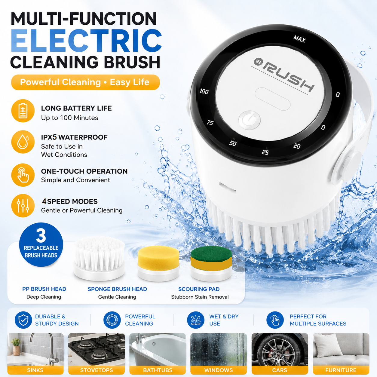 4-piece White Electric Spin Scrubber Cordless Cleaning Brush（Includes three