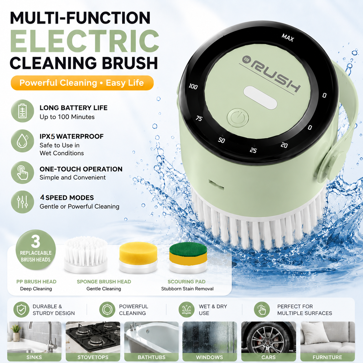 4-piece Green Electric Spin Scrubber Cordless Cleaning Brush（Includes three