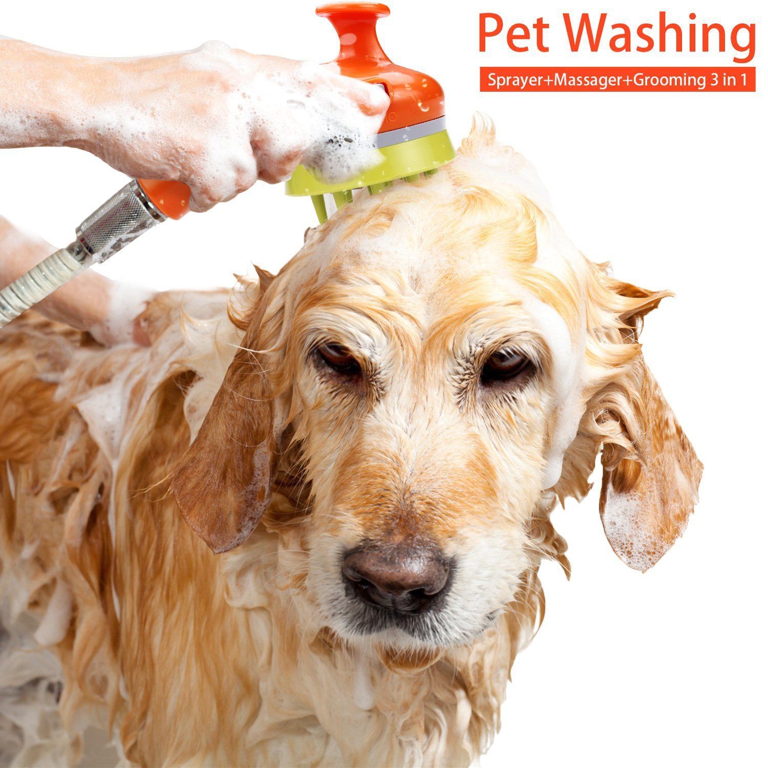 White Pet Bathing Shower Sprayer Brush with Water Control Switch Control Dog view 2