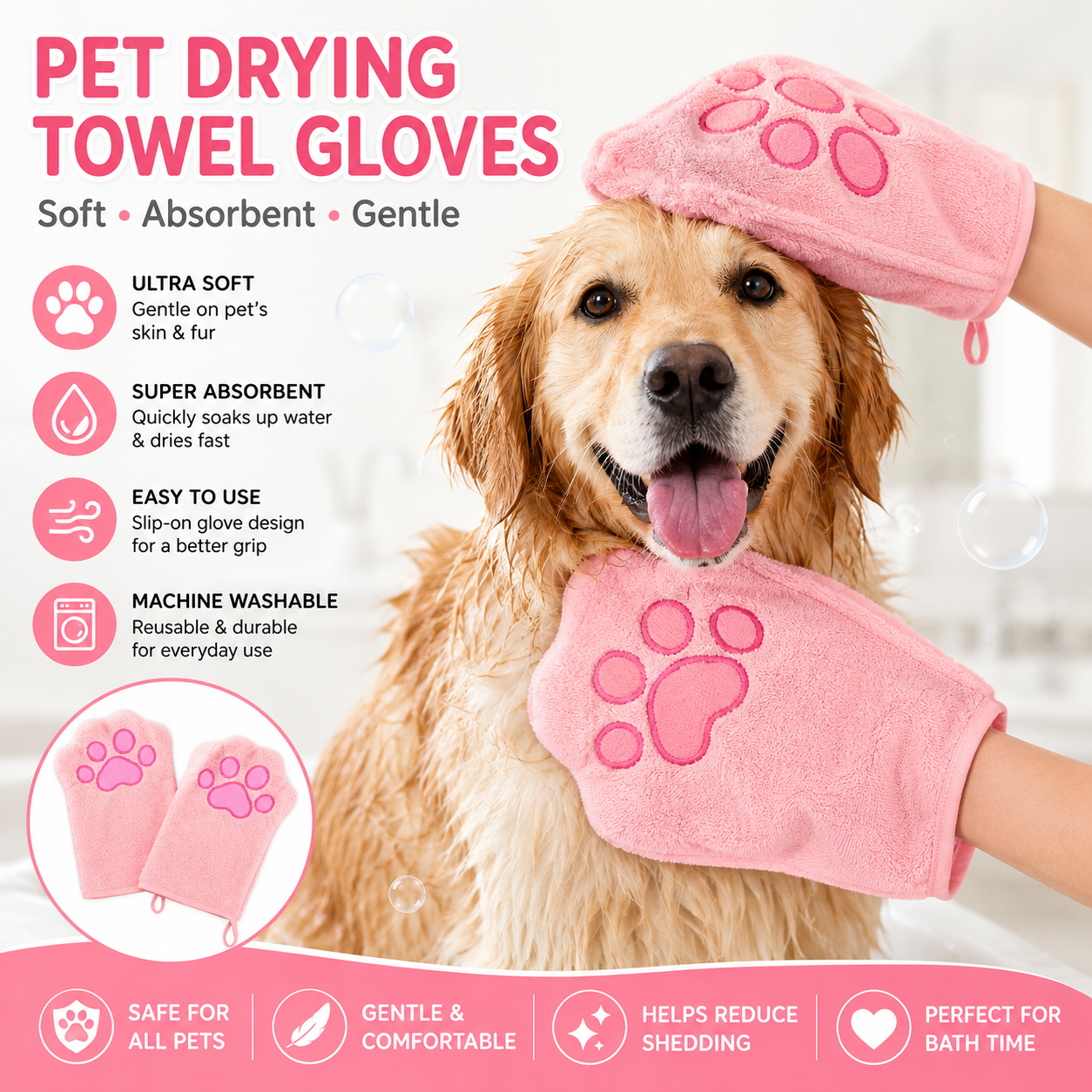 2-piece Pink Quick-drying pet grooming glove towel