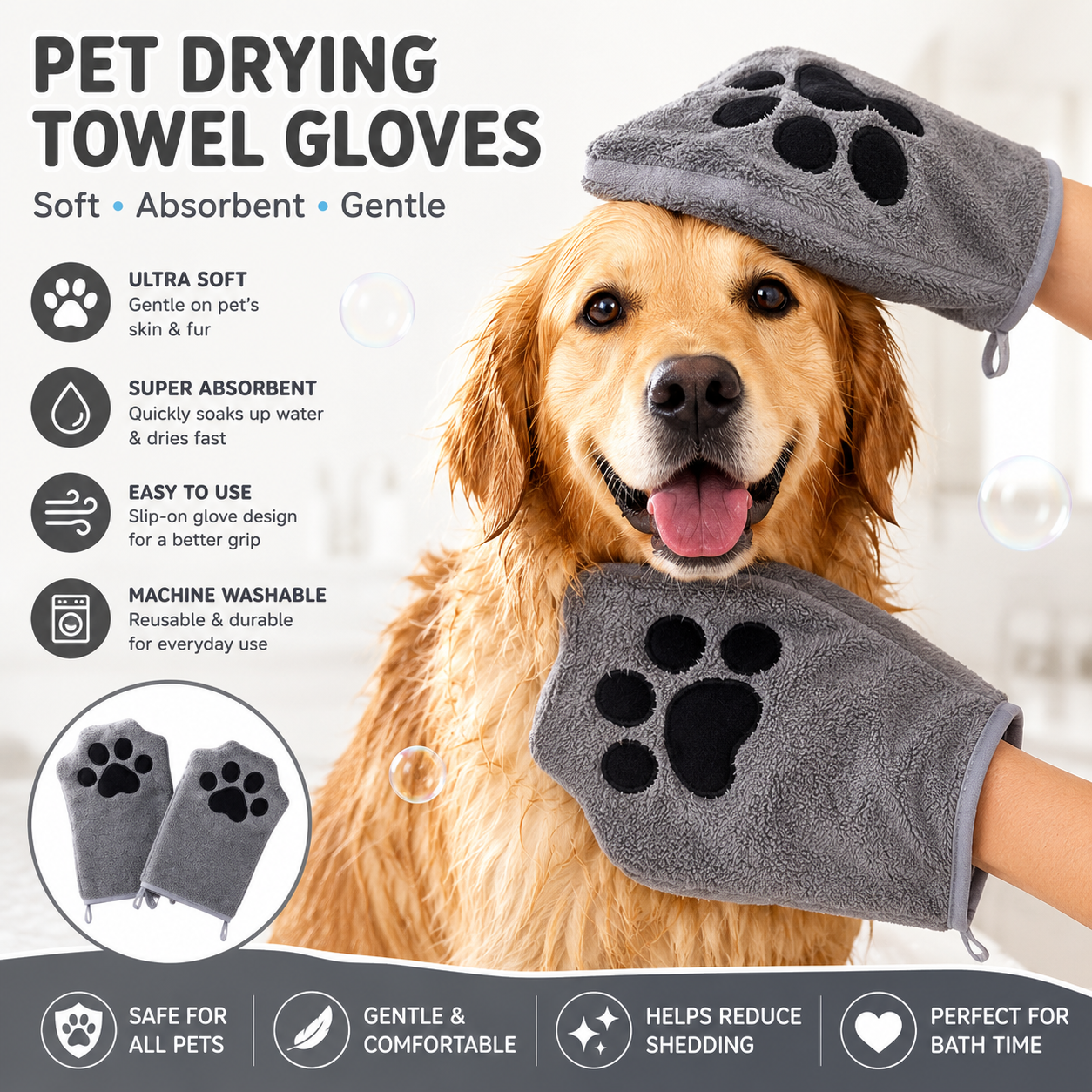 2-piece Grey Quick-drying pet grooming glove towel