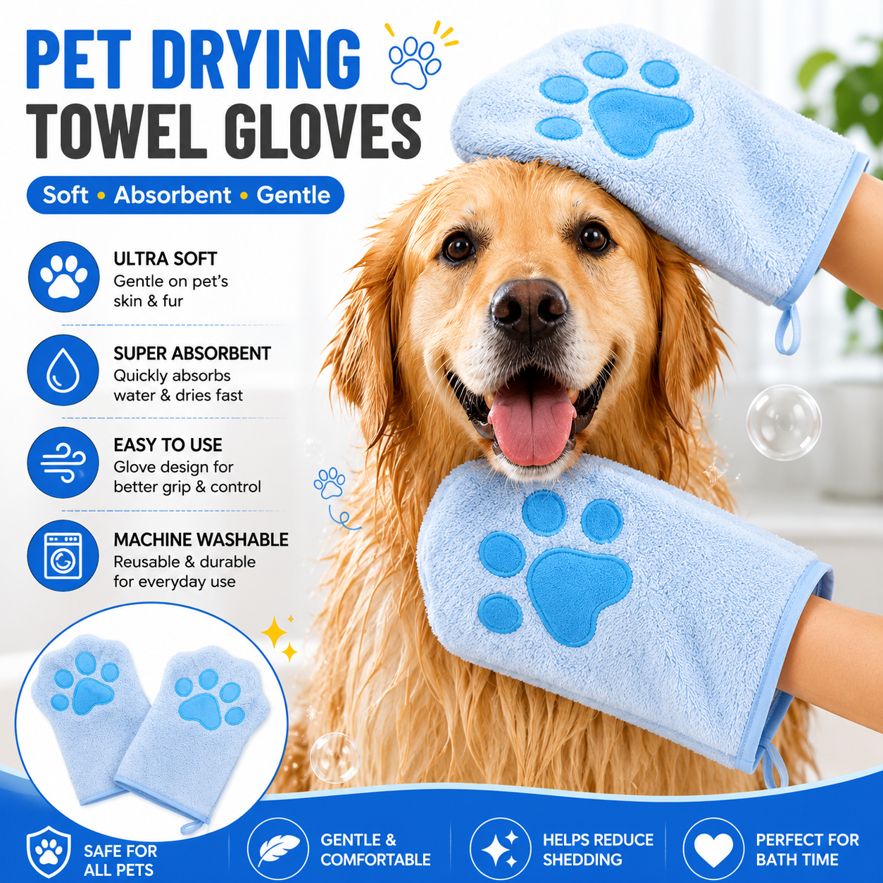 2-piece Blue Quick-drying pet grooming glove towel