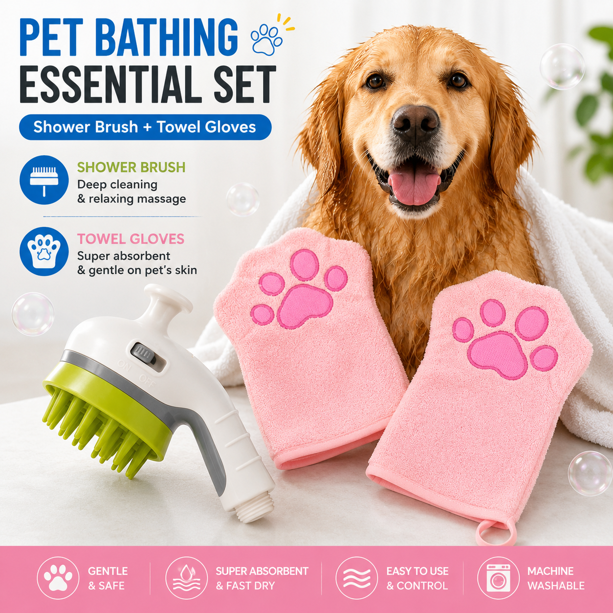 3-piece Pet Grooming Bathing Kit with 2 pack Pink Pet Drying Glove Towel and