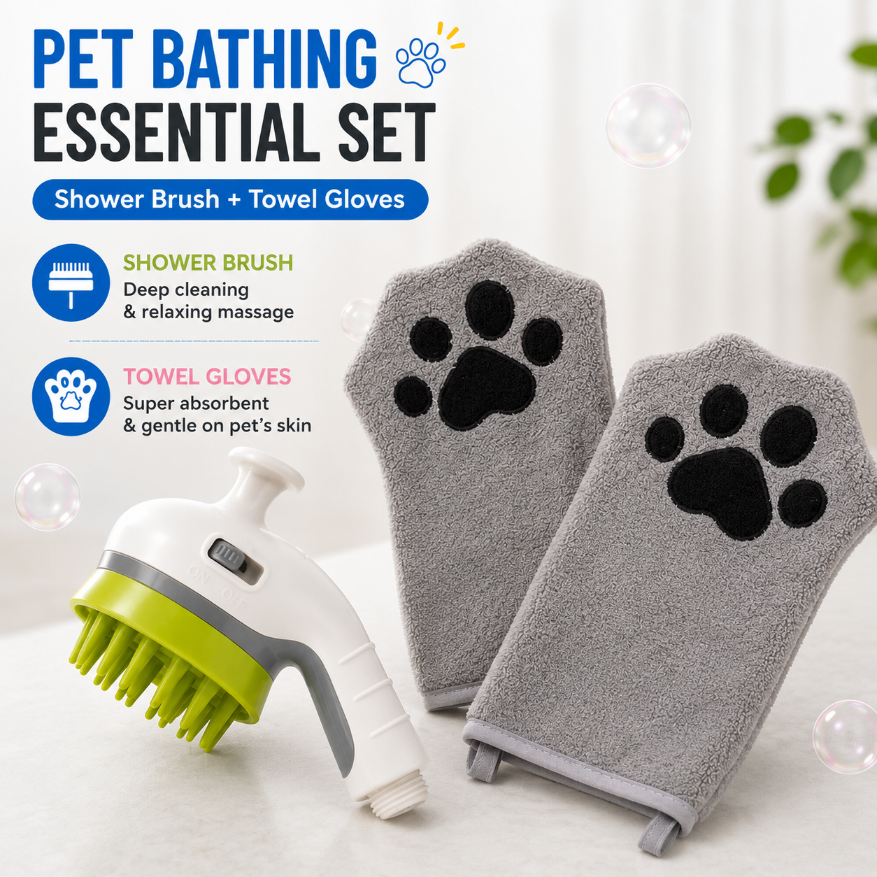 3-piece Pet Grooming Bathing Kit with 2 pack Grey Pet Drying Glove Towel and