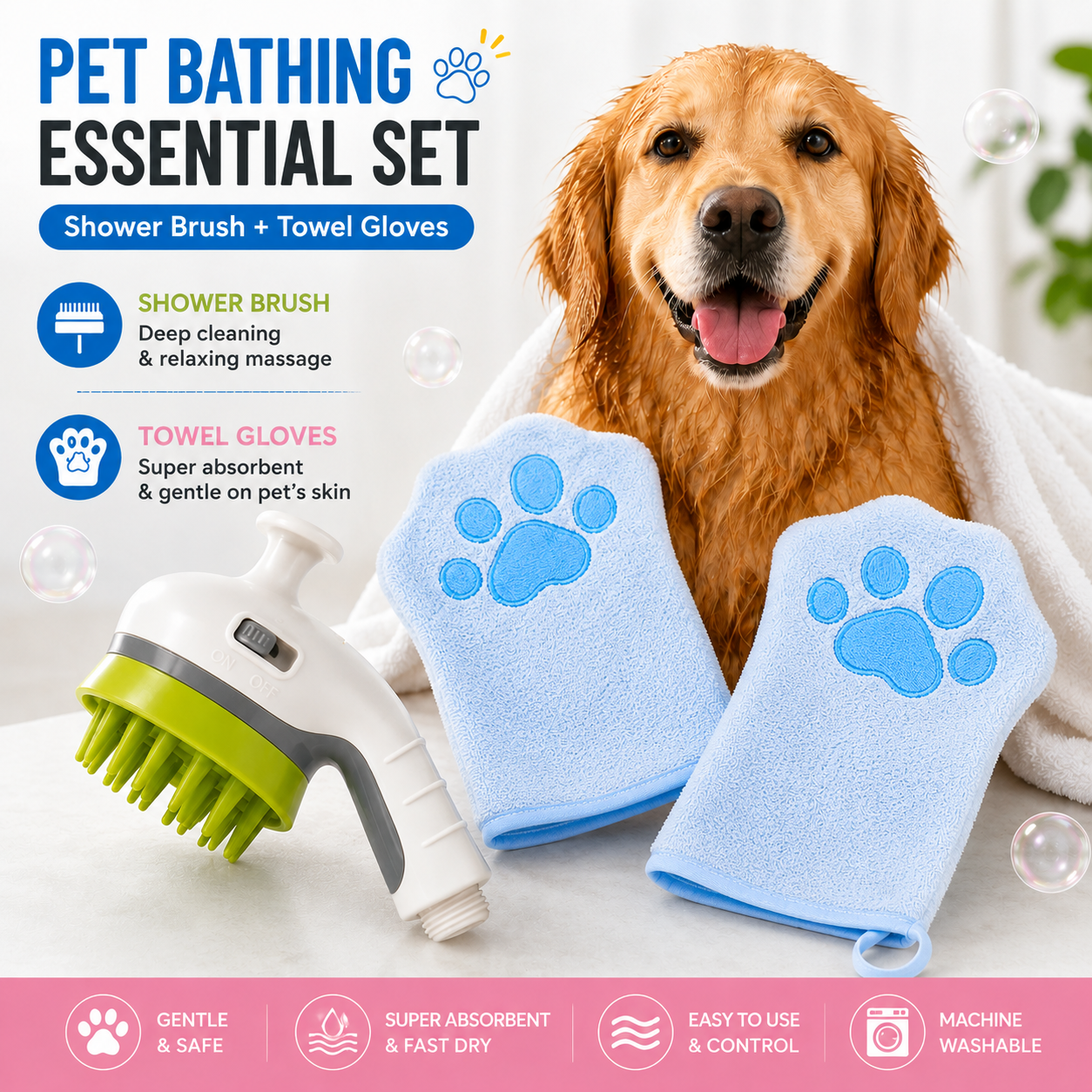 3-piece Pet Grooming Bathing Kit with 2 pack Blue Pet Drying Glove Towel and